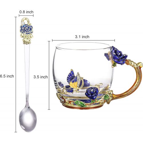  [아마존베스트]ONEPENG Flower Tea Cups with Spoon，Glass Coffee Mugs，Enamel Handmade Unique Butterfly Rose，Tea Mugs for Women,Gifts Ideas for Women(Rose-Blue-Short)