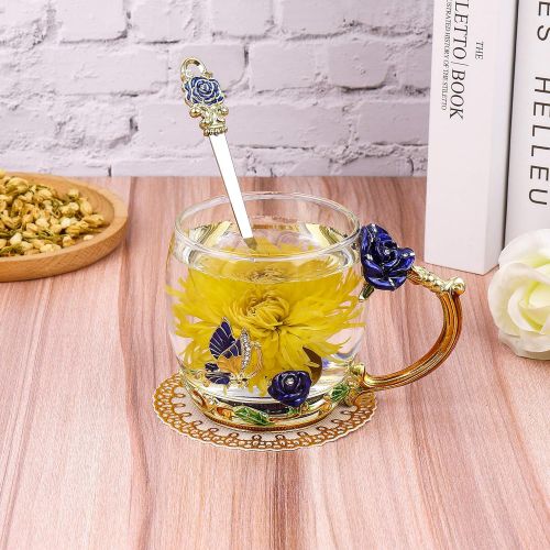  [아마존베스트]ONEPENG Flower Tea Cups with Spoon，Glass Coffee Mugs，Enamel Handmade Unique Butterfly Rose，Tea Mugs for Women,Gifts Ideas for Women(Rose-Blue-Short)