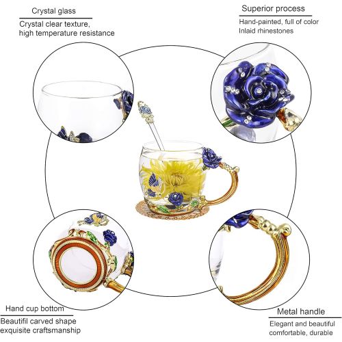  [아마존베스트]ONEPENG Flower Tea Cups with Spoon，Glass Coffee Mugs，Enamel Handmade Unique Butterfly Rose，Tea Mugs for Women,Gifts Ideas for Women(Rose-Blue-Short)