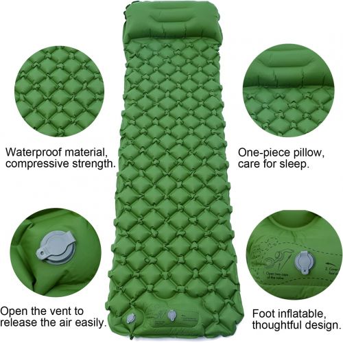  Onirii Camping Sleeping Pads,Foot Press Inflatable Lightweight Camping Mat with Pillow,Compact Ultralight Waterproof Camping Air Mattress for Backpacking Beach, Hiking, Traveling