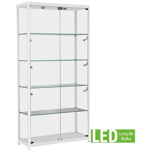  Only Garment Racks - White Aluminum Framed Showcase - Display Case Complete with LED Lights - Adjustable Shelves