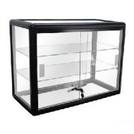Only Garment Racks Elegant Black Aluminum Display Table Top Tempered Glass Show Case. Sliding Glass Doors with Lock