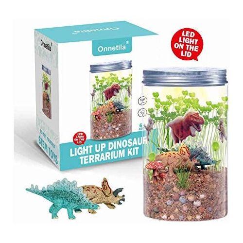  [아마존베스트]Onnetila Dinosaur Fairy Garden in a Jar Light up Terrarium Kit for Kids Plant Growing Kit Grow and Glow Terrarium STEM Educational Projects Boys and Girls Crafts for Kids Age 5, 6,