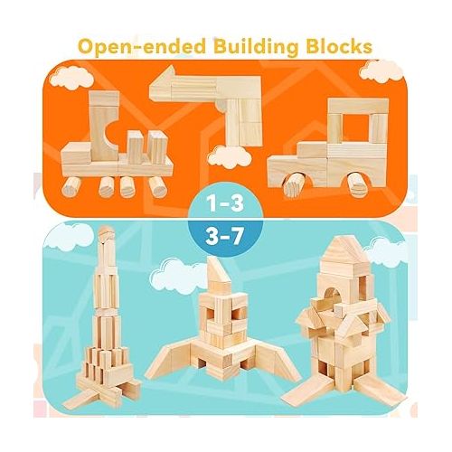  Large Wooden Blocks for Toddlers 1-3, 64 Pieces Big Wood Building Blocks Set with Wooden Storage Box, Large Toddler Blocks Building and Stacking Toys Construction Set