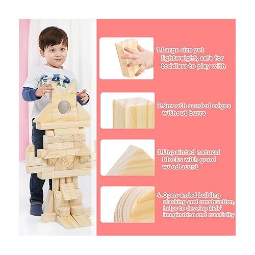  Large Wooden Blocks for Toddlers 1-3, 64 Pieces Big Wood Building Blocks Set with Wooden Storage Box, Large Toddler Blocks Building and Stacking Toys Construction Set