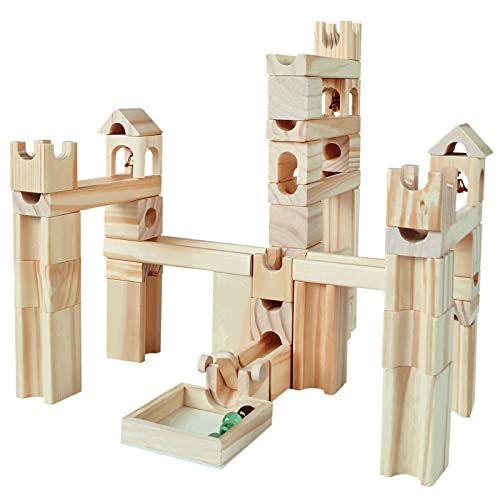  Onshine Wooden Marble Run for Kids Ages 4-8, 65 Pieces Wood Building Blocks Toys and Construction Play Set, Marble Track Maze Game STEM Learning Toys Gifts for Boys Girls