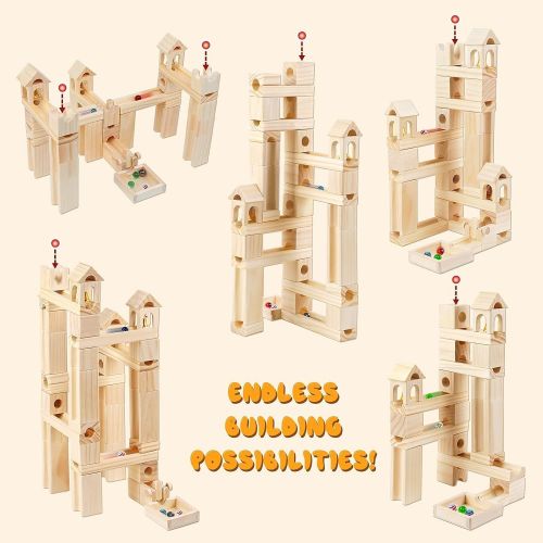  Onshine Wooden Marble Run for Kids Ages 4-8, 65 Pieces Wood Building Blocks Toys and Construction Play Set, Marble Track Maze Game STEM Learning Toys Gifts for Boys Girls