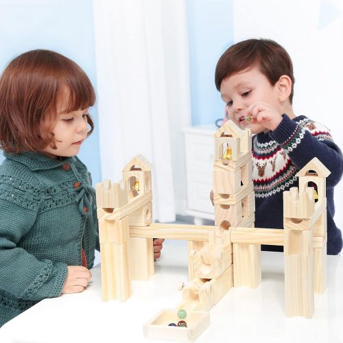  Onshine Wooden Marble Run for Kids Ages 4-8, 65 Pieces Wood Building Blocks Toys and Construction Play Set, Marble Track Maze Game STEM Learning Toys Gifts for Boys Girls