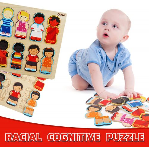  Onshine Wooden Puzzle for Toddlers 1-3, Children of The World Racial Cognition Dress-up Peg Puzzle Educational Toys, 24 Pieces Mix and Match Boys and Girls Multicultural Diversity Toys for