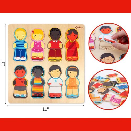  Onshine Wooden Puzzle for Toddlers 1-3, Children of The World Racial Cognition Dress-up Peg Puzzle Educational Toys, 24 Pieces Mix and Match Boys and Girls Multicultural Diversity Toys for