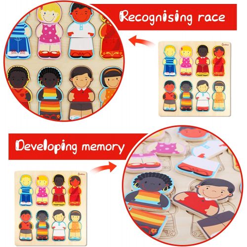  Onshine Wooden Puzzle for Toddlers 1-3, Children of The World Racial Cognition Dress-up Peg Puzzle Educational Toys, 24 Pieces Mix and Match Boys and Girls Multicultural Diversity Toys for