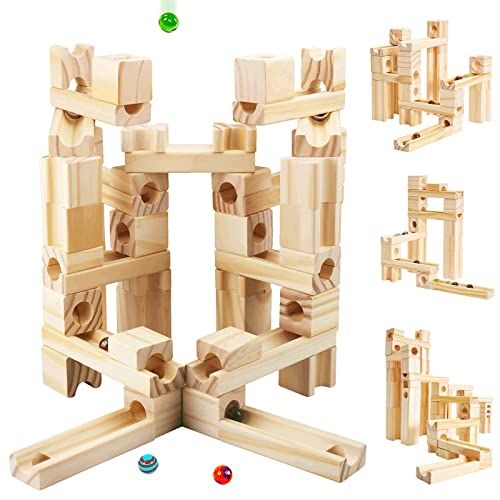  [아마존베스트]Onshine Wooden Marbles Run Block Toy Solid Wood Building Blocks Set Early Learning Construction Game for Kids (60pc Set)