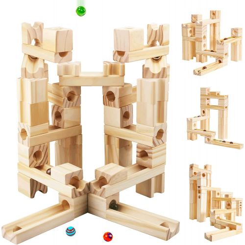  [아마존베스트]Onshine Wooden Marbles Run Block Toy Solid Wood Building Blocks Set Early Learning Construction Game for Kids (60pc Set)
