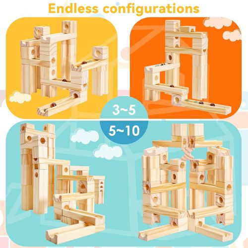  [아마존베스트]Onshine Wooden Marbles Run Block Toy Solid Wood Building Blocks Set Early Learning Construction Game for Kids (60pc Set)