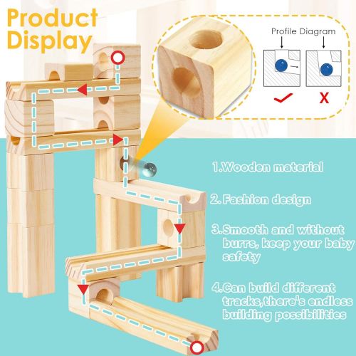  [아마존베스트]Onshine Wooden Marbles Run Block Toy Solid Wood Building Blocks Set Early Learning Construction Game for Kids (60pc Set)