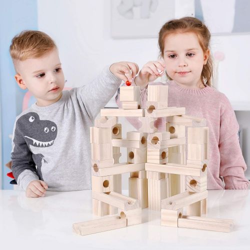  [아마존베스트]Onshine Wooden Marbles Run Block Toy Solid Wood Building Blocks Set Early Learning Construction Game for Kids (60pc Set)