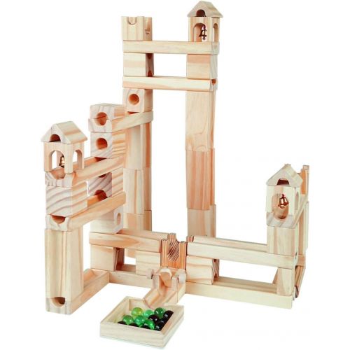  [아마존베스트]Onshine Wooden Marbles Run Toy Solid Wood Building Blocks Early Learning Construction Game 65 Pieces Set for Kids