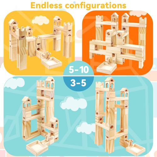  [아마존베스트]Onshine Wooden Marbles Run Toy Solid Wood Building Blocks Early Learning Construction Game 65 Pieces Set for Kids