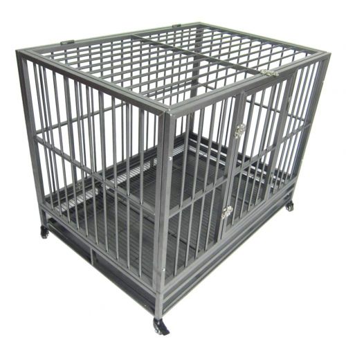  Ooscy 42 Heavy Duty Dog Crate Strong Metal Pet Kennel Playpen with Tray Silver for Large Dogs and Pets