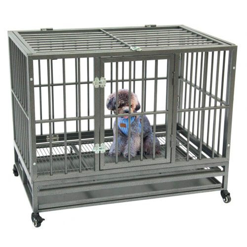  Ooscy 42 Heavy Duty Dog Crate Strong Metal Pet Kennel Playpen with Tray Silver for Large Dogs and Pets