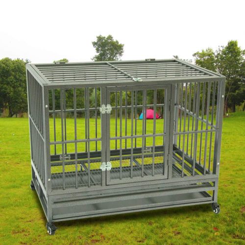  Ooscy 42 Heavy Duty Dog Crate Strong Metal Pet Kennel Playpen with Tray Silver for Large Dogs and Pets