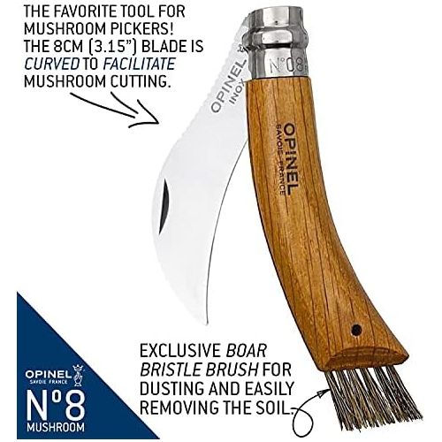  [아마존베스트]Opinel Mushroom Knife, Sandvik Stainless Steel Blade, Oak Wood Handle, Wild Boar Bristles, Canvas Case, Wooden Box