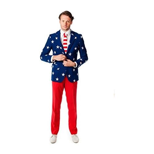  할로윈 용품OppoSuits Men American Flag Suit - USA Outfit for the 4th of July with Red White and Blue Jacket, Pants and Tie