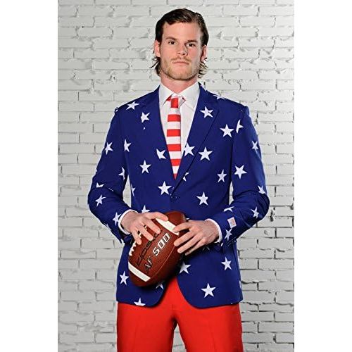  할로윈 용품OppoSuits Men American Flag Suit - USA Outfit for the 4th of July with Red White and Blue Jacket, Pants and Tie
