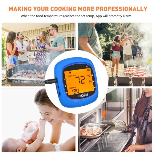  Oprol Bluetooth Meat Thermometer, Wireless Digital BBQ Thermometer for Grilling Smart with 6 Stainless Steel Probes Remoted Monitor for Cooking Smoker Kitchen Oven, Support iOS & Android