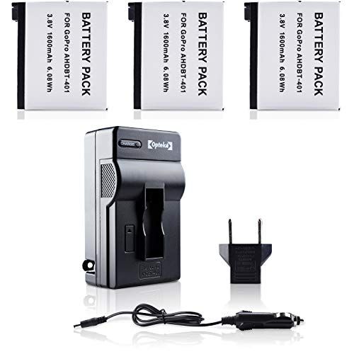  Opteka Extended AHDBT-401 Battery (3-Pack) & Fast Wall/Car Charger for GoPro HERO4 Black & Silver (3.8V, 1600mAh)