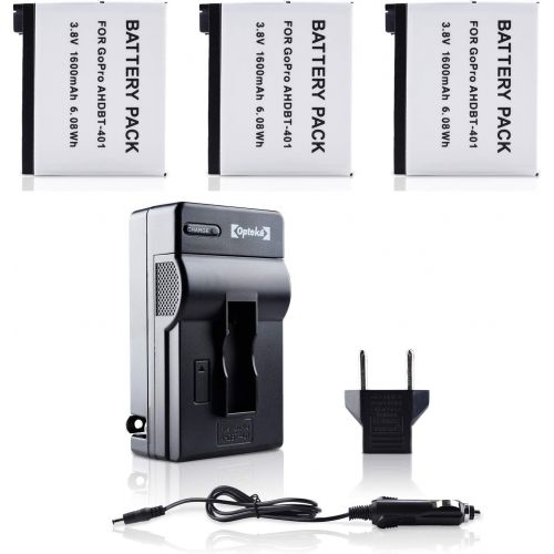  Opteka Extended AHDBT-401 Battery (3-Pack) & Fast Wall/Car Charger for GoPro HERO4 Black & Silver (3.8V, 1600mAh)