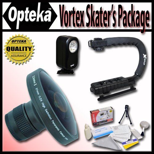  Opteka Deluxe Vortex Skaters Package (Includes the Opteka Platinum Series 0.2X HD Panoramic Vortex Fisheye Lens, X-GRIP Camcorder Handle, & 3 Watt Video Light) For Sony DCR-DVD101,