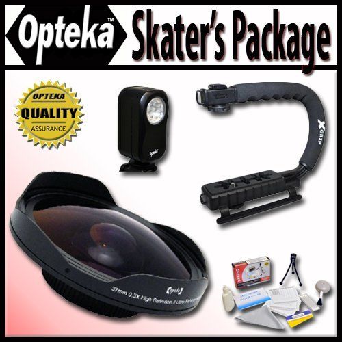  Opteka Deluxe Skaters Package (Includes the OPT-SC37FE Platinum Series 0.3X HD Ultra Fisheye Lens, X-GRIP Camcorder Handle, & 3 Watt Video Light) For DZ-GX5100, DZ-HS301, DZ-HS401,