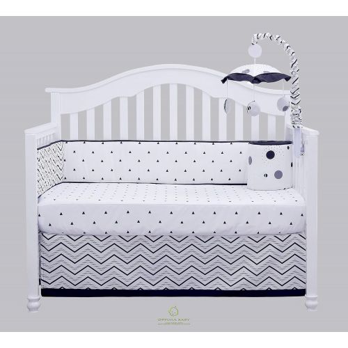  OptimaBaby 6 Piece Baby Nursery Crib Bedding Set, Black White Polka Dot Pattern, Blue/White/Black/Gray