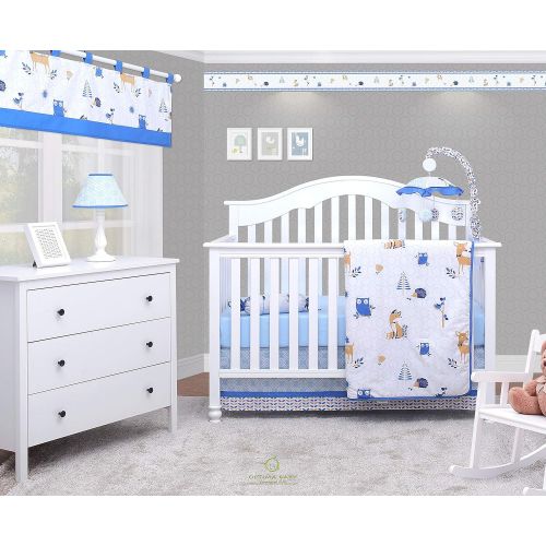  OptimaBaby 6 Piece Unisex Baby Nursery Crib Bedding Set, Enchanted Forest Animals, Yellow/White/Light Blue/Blue