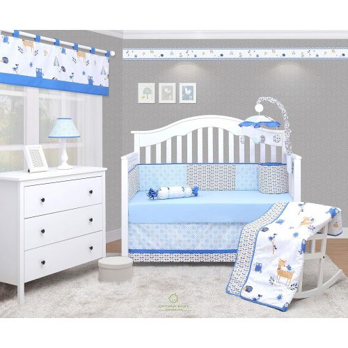  OptimaBaby 6 Piece Unisex Baby Nursery Crib Bedding Set, Enchanted Forest Animals, Yellow/White/Light Blue/Blue