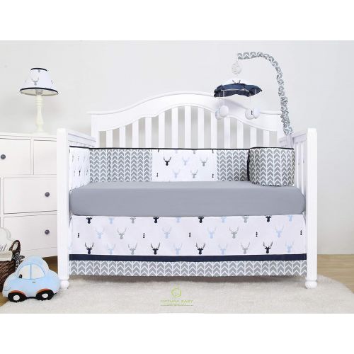  OptimaBaby Woodland 6 Piece Baby Nursery Crib Bedding Set, Forest Deer, Blue/White/Gray