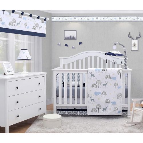  OptimaBaby Woodland 6 Piece Baby Nursery Crib Bedding Set, Forest Deer, Blue/White/Gray