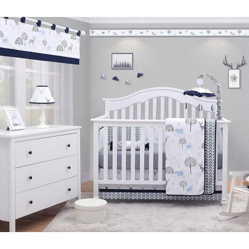  OptimaBaby Woodland 6 Piece Baby Nursery Crib Bedding Set, Forest Deer, Blue/White/Gray