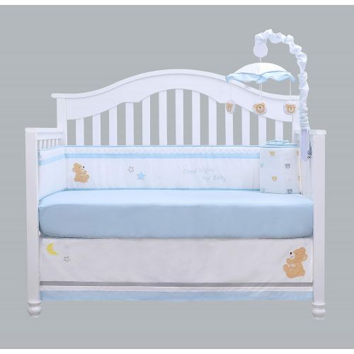  OptimaBaby 6 Piece Baby Nursery Crib Bedding Set, Sweet Dream Moon & Star Teddy Bear, Blue/White/Gray/Yellow/Brown