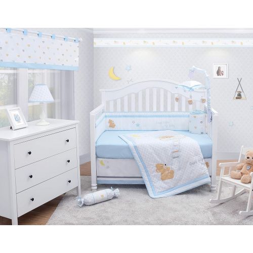  OptimaBaby 6 Piece Baby Nursery Crib Bedding Set, Sweet Dream Moon & Star Teddy Bear, Blue/White/Gray/Yellow/Brown