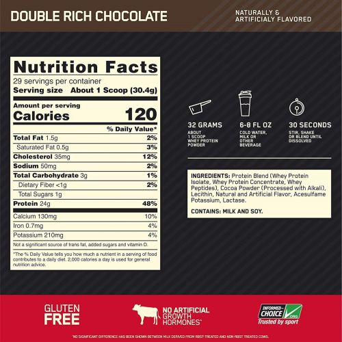  Optimum Nutrition Gold Standard 100% Whey Protein Powder, Double Rich Chocolate 2 Pound (Packaging May Vary)