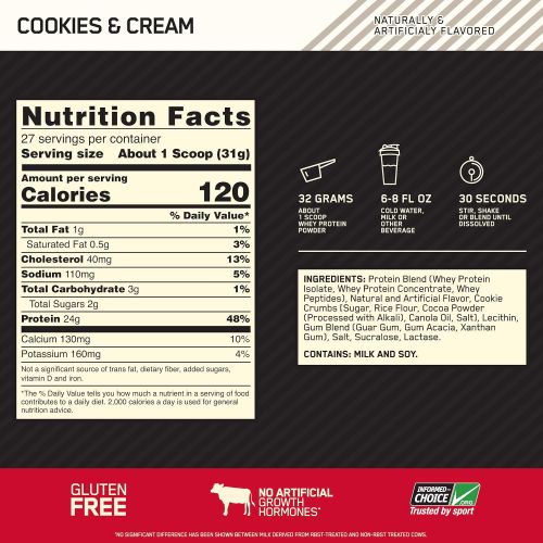 Optimum Nutrition OPTIMUM NUTRITION Gold Standard 100% Whey Protein Powder, Cookies and Cream, 2 Pound