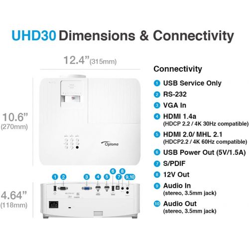  [아마존베스트]Optoma UHD30 True 4K UHD Gaming Projector | 16ms Response Time with Enhanced Gaming Mode | Lowest Input Lag on 4K Projector | 240Hz Refresh Rate | HDR10 & HLG