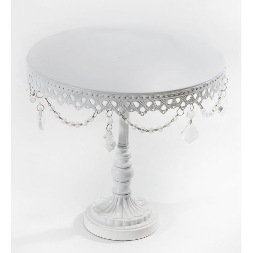  Opulent Treasures 12 Chandelier Cake Stand, Crystal Beads and Dangles Metal Round Dessert Plate(White)