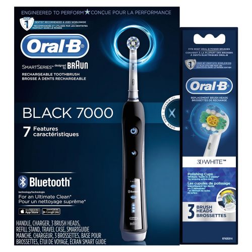  Oral-B 7000 SmartSeries Rechargeable Power Electric Toothbrush with 3 Replacement Brush Heads, Bluetooth Connectivity and Travel Case, Black, Powered by Braun