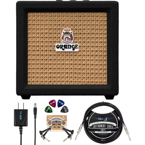  Orange Amps Crush Mini 3W Guitar Combo Amplifier (Black) Bundle with Blucoil Slim 9V Power Supply AC Adapter, 10 Straight Instrument Cable (1/4), 2-Pack of Pedal Patch Cables, and