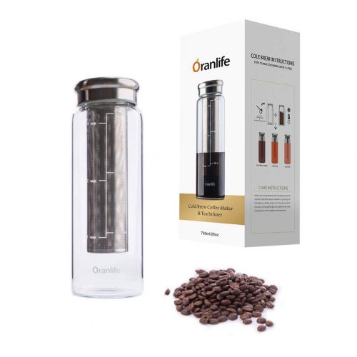  Oranlife Cold Brew Coffee Maker, Portable Iced Coffee Maker with Airtight Lid and Easy To Clean Reusable Stainless Steel Mesh Filter for Iced Tea Maker 3cup 26oz