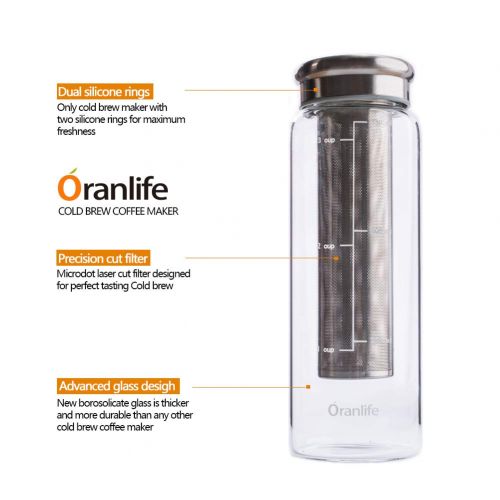  Oranlife Cold Brew Coffee Maker, Portable Iced Coffee Maker with Airtight Lid and Easy To Clean Reusable Stainless Steel Mesh Filter for Iced Tea Maker 3cup 26oz