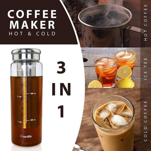  Oranlife Cold Brew Coffee Maker, Premium Quality Glass Carafe with Airtight Stainless Steel Lid Brews Hot or Iced Coffee Tea Includes Removable Mesh Filter Fruit Infuser 1.5 Quart / 48 oz/